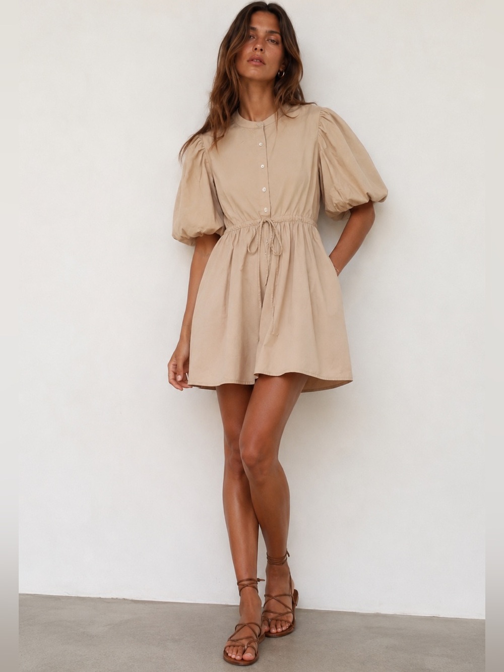 GAP Cotton Poplin Balloon Sleeve Mini Dress Beige XS Screen Worn on TV